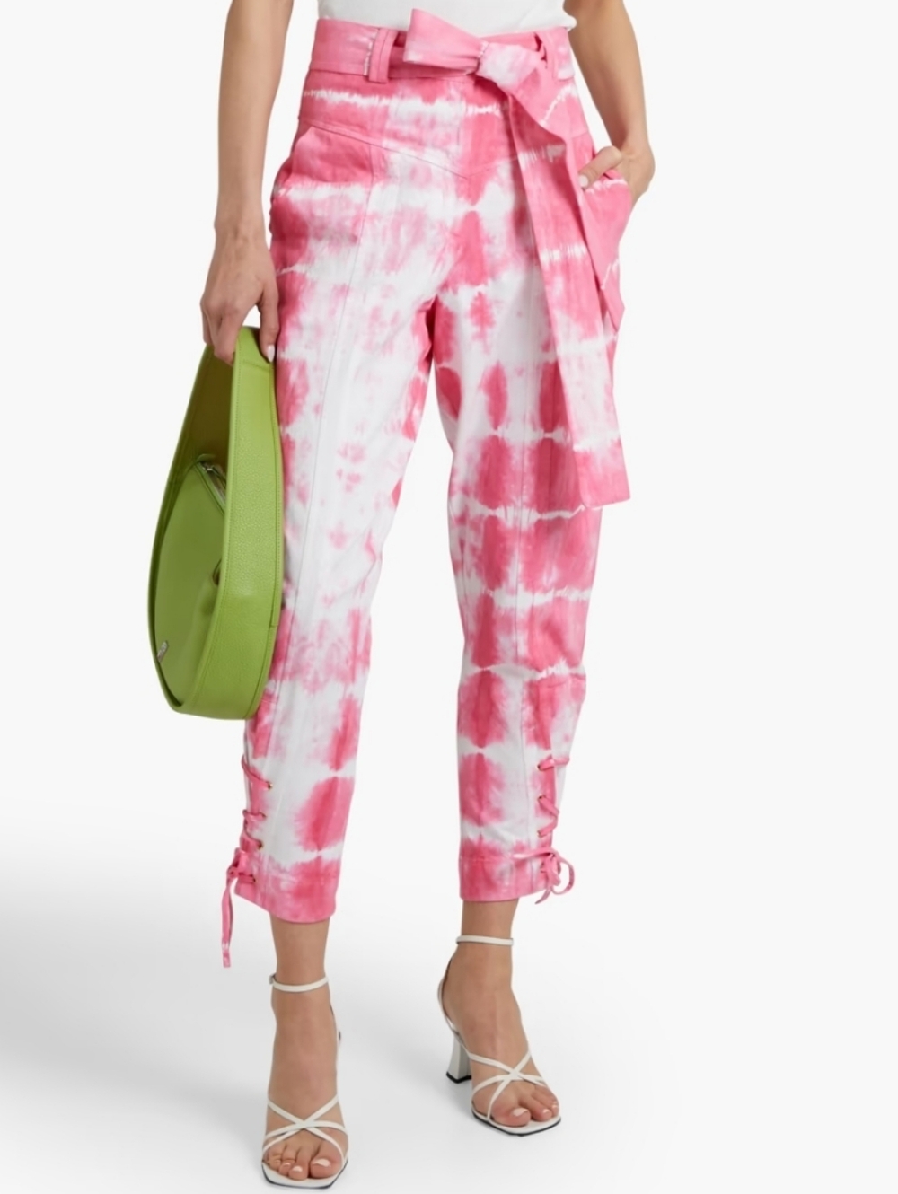 LOVESHACKFANCY Pink and White Belted tie-dyed high-rise tapered jeans Size 0
